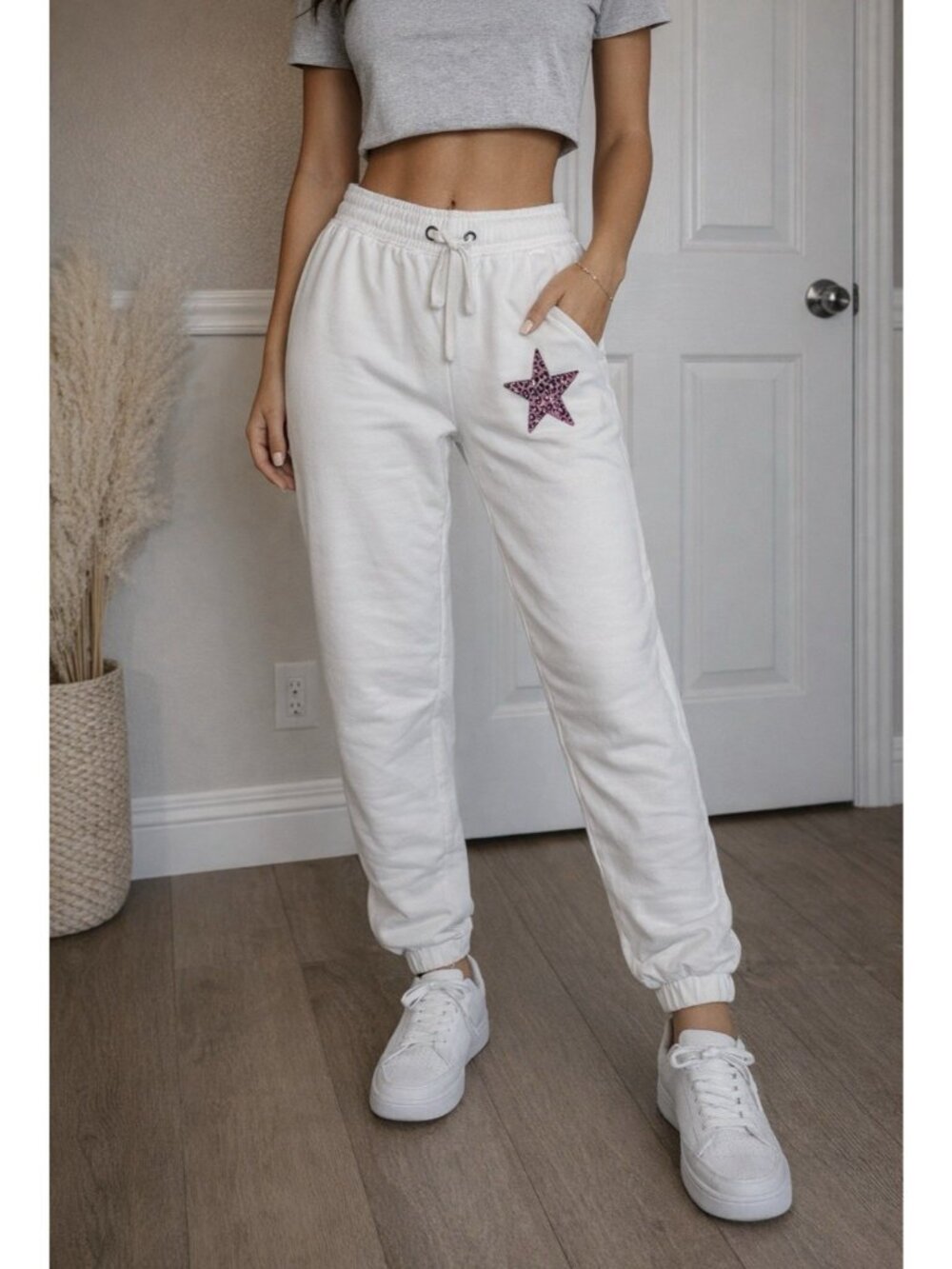 $75 Prince Peter Women's White Star S Jogger Cuffed Sweatpants Pants NEW